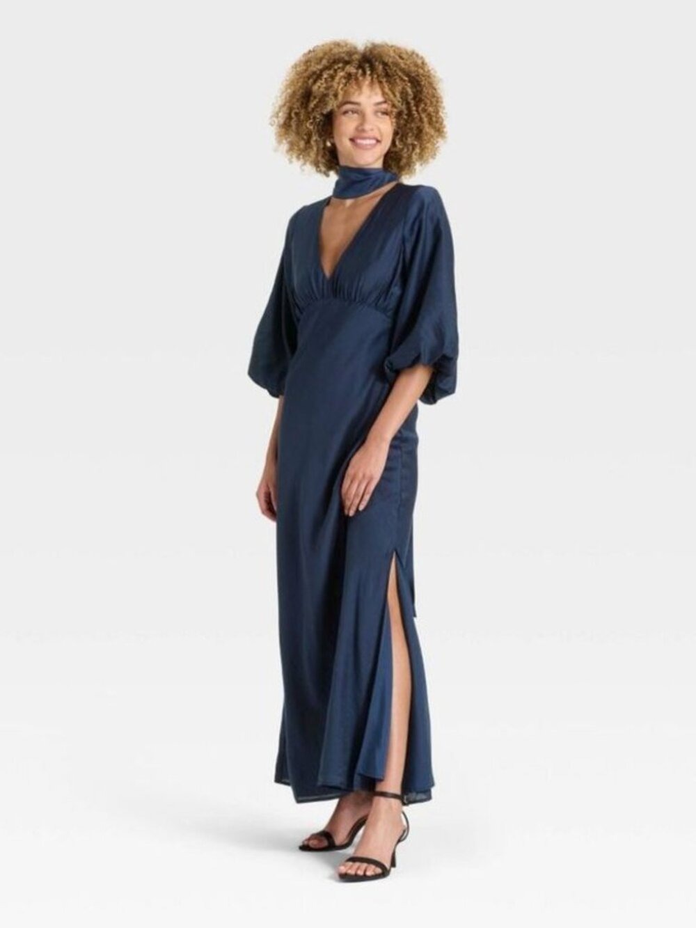 A New Day Women's Tie Neck Maxi Dress Size L Navy